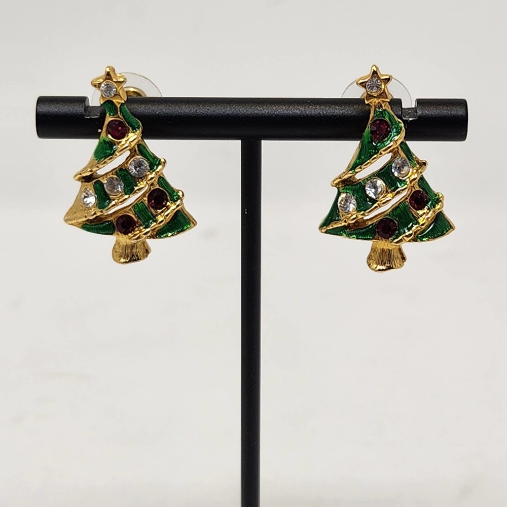Christmas Tree Brushed Gold Tone Green Enamel Post Earrings Red Clear Rhinestone